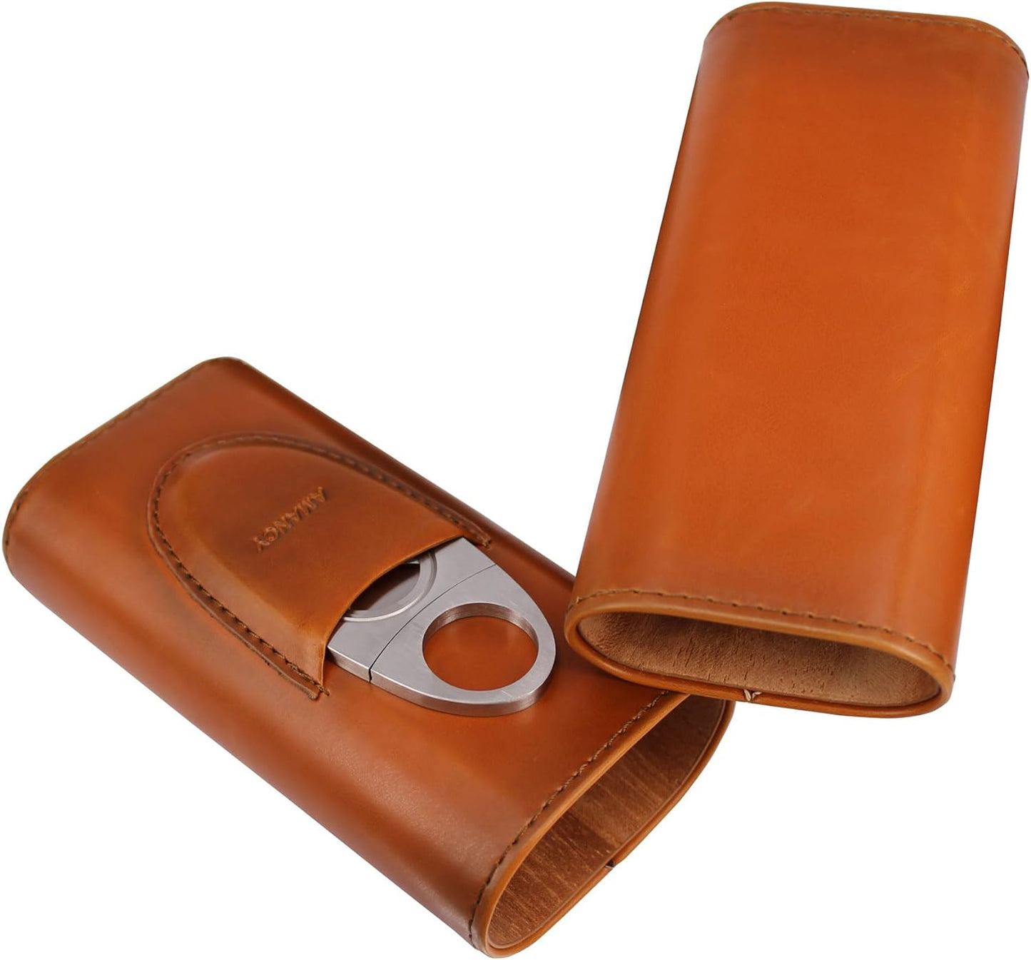 Premium 3- Finger Brown Leather Cigar Case, Cedar Wood Lined Cigar Humidor with Silver Stainless Steel Cutter