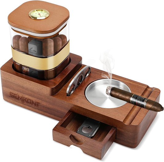 Cigar Humidor and Wooden Ashtray with Cigar Jar Tray, Cutter Holder,Drawer, Cigar Slot and Cutter, Home,Office,Bar and Outdoor Cigar Accessories