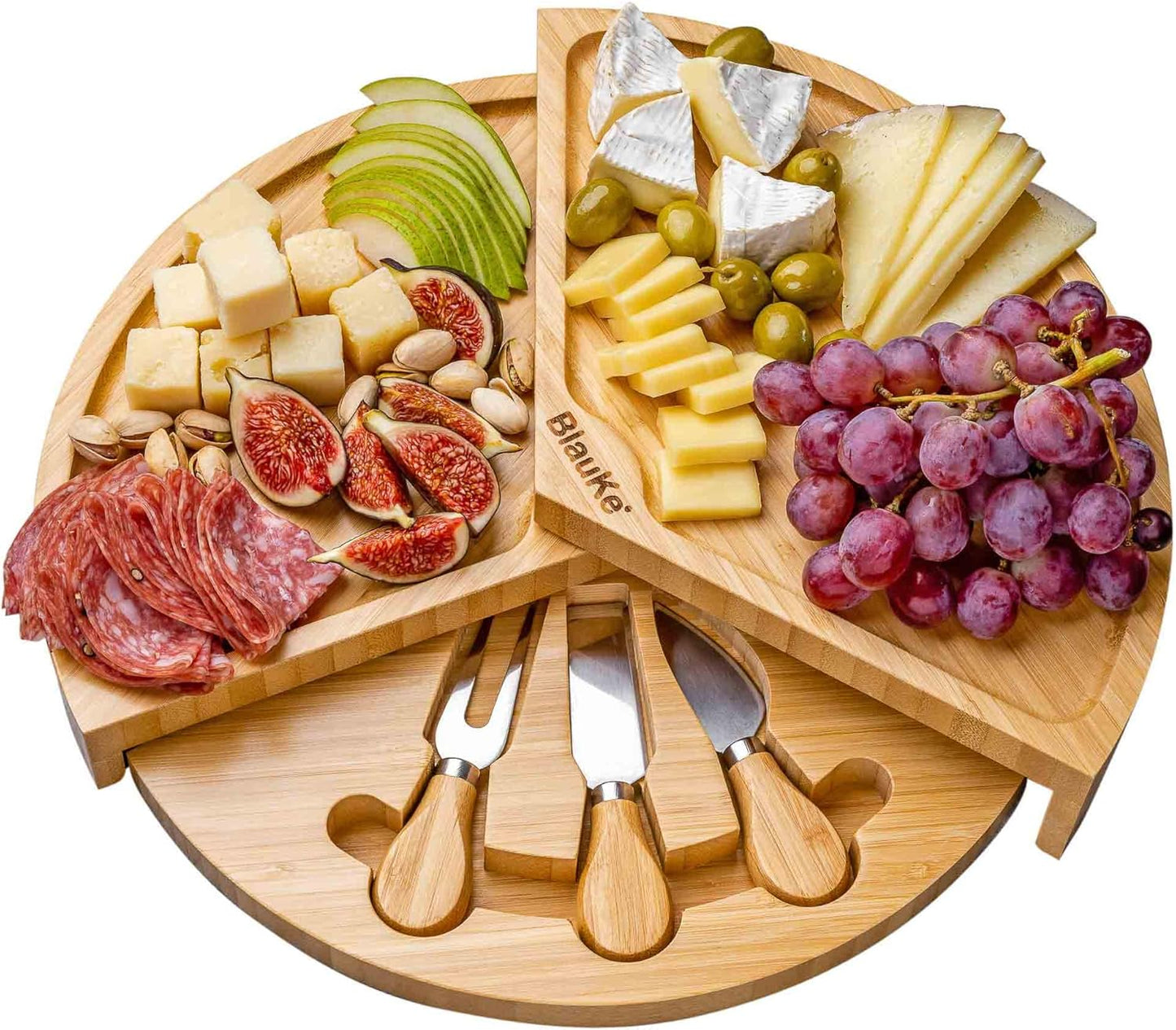 Bamboo Cheese Board and Knife Set – 14 inch Round Charcuterie Board, Serving Tray, Platter, Wood Cheese Board Set with Slide-Out Drawer