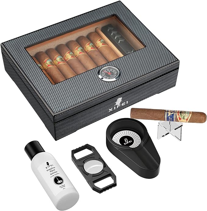 Cigar Humidor, Glass Top Carbon Fiber Texture top Inlay Hygrometer,Including Cigar humidifier, Acrylic Cigar Stand, Ashtray and Humidor Solution, Holds 25-60 Cigars/(9IN*7.5 * 2.8