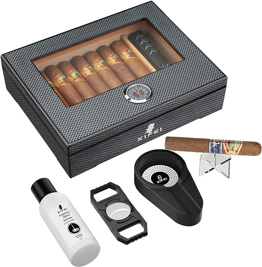 Cigar Humidor, Glass Top Carbon Fiber Texture top Inlay Hygrometer,Including Cigar humidifier, Acrylic Cigar Stand, Ashtray and Humidor Solution, Holds 25-60 Cigars/(9IN*7.5 * 2.8