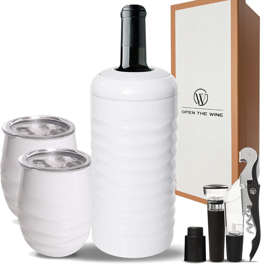 Set of 2 Insulated Wine Tumblers with Lid, Wine Bottle Chiller, and Wine Accessories - Stopper, Aerator, Pourer, Corkscrew