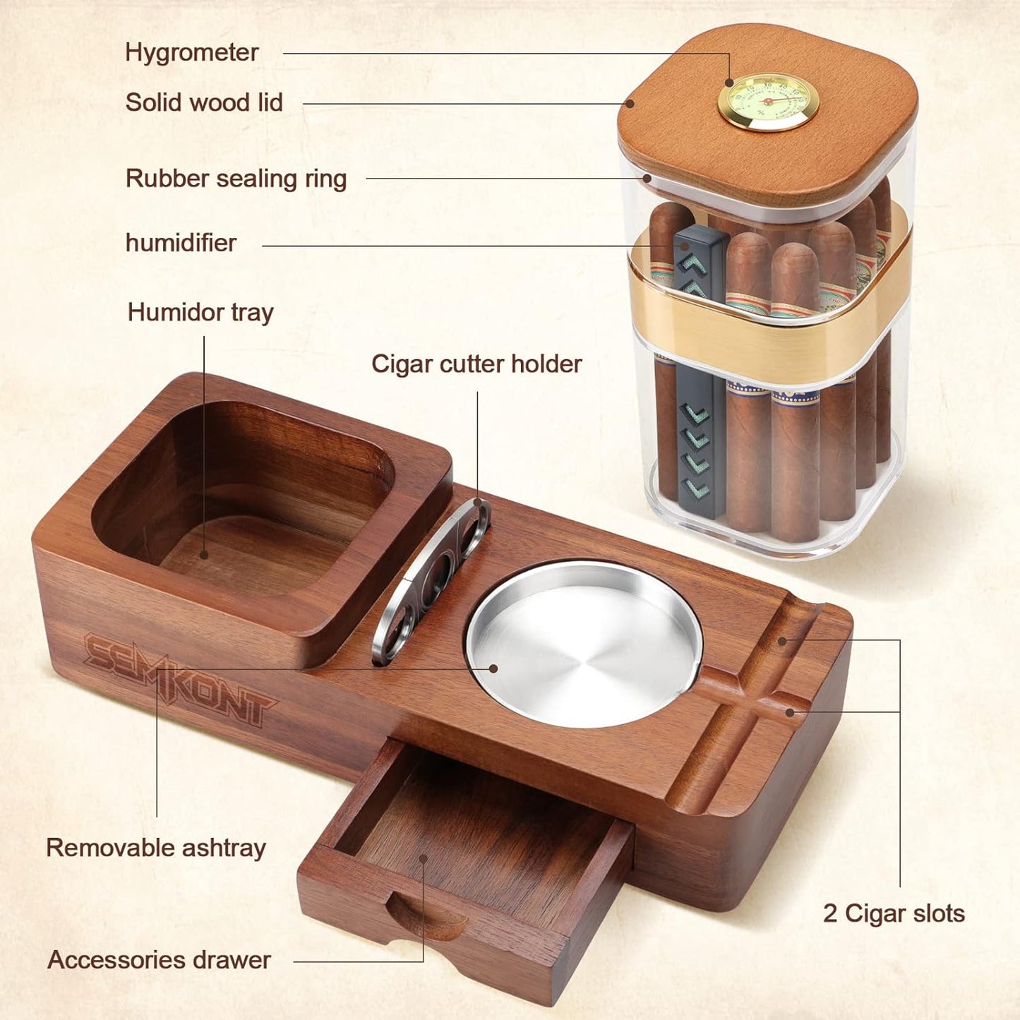 Cigar Humidor and Wooden Ashtray with Cigar Jar Tray, Cutter Holder,Drawer, Cigar Slot and Cutter, Home,Office,Bar and Outdoor Cigar Accessories