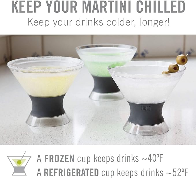 Host Freeze Insulated Martini Cooling Plastic Cups, Gel Chiller Double Wall Stemless Cocktail Glass, Set of 2