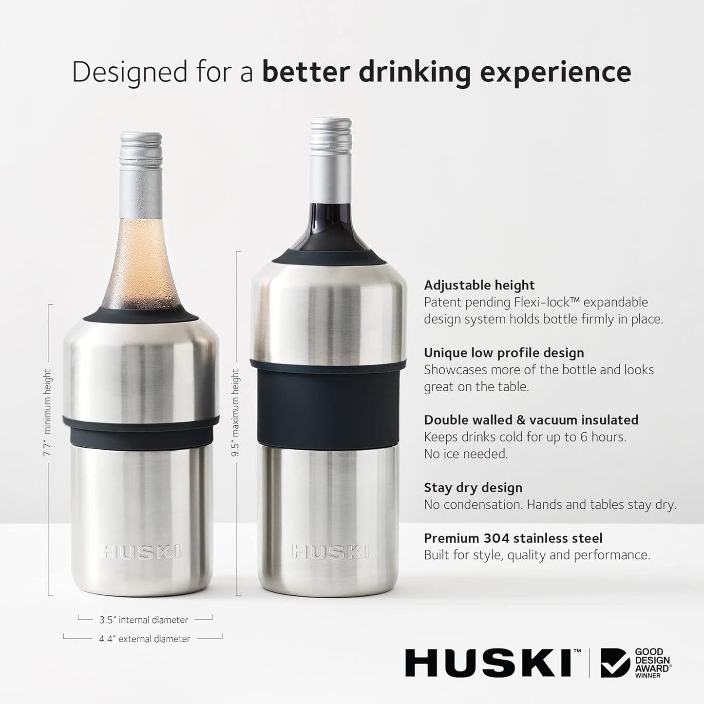 Huski Wine Chiller | Award Winning Iceless Design | Keeps Wine Cold up to 6 Hours | Wine Accessory | Next Generation Ice Bucket | Fits Some Champagne Bottles |