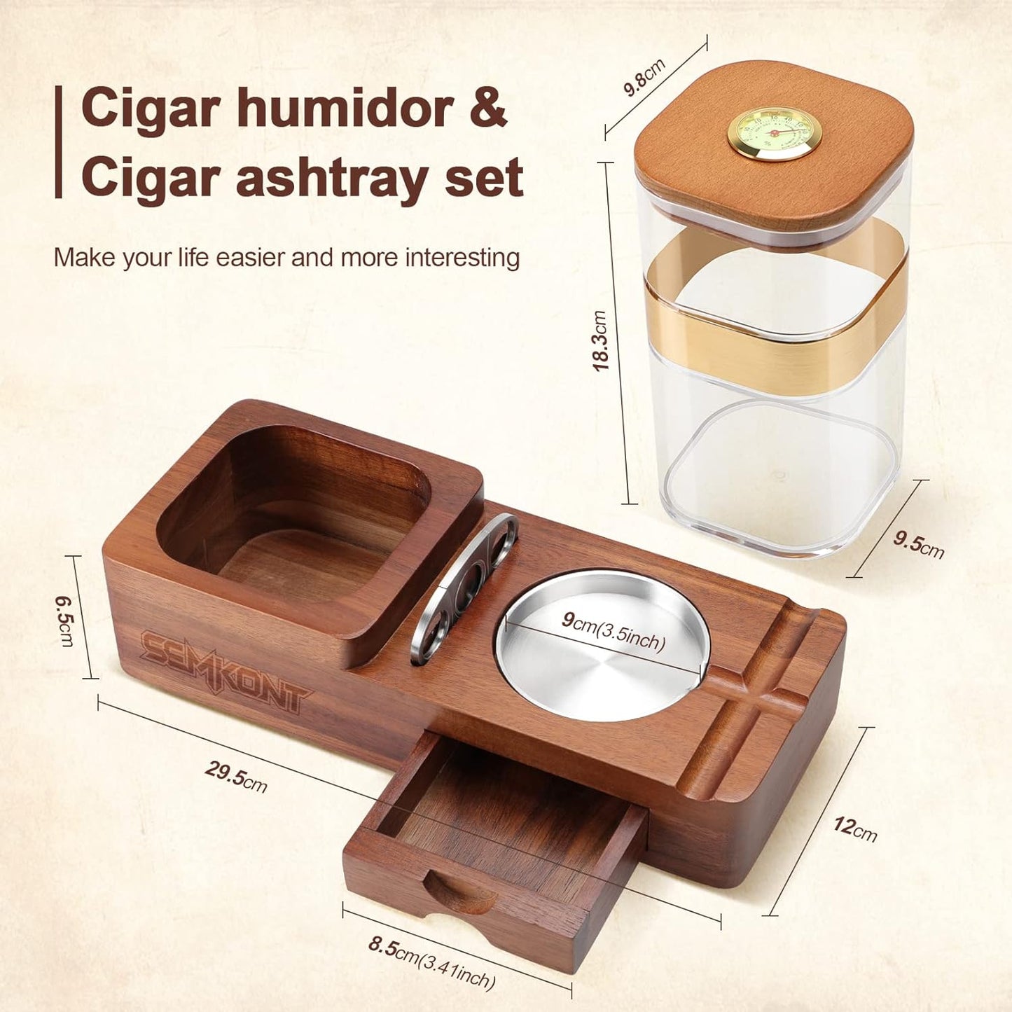 Cigar Humidor and Wooden Ashtray with Cigar Jar Tray, Cutter Holder,Drawer, Cigar Slot and Cutter, Home,Office,Bar and Outdoor Cigar Accessories