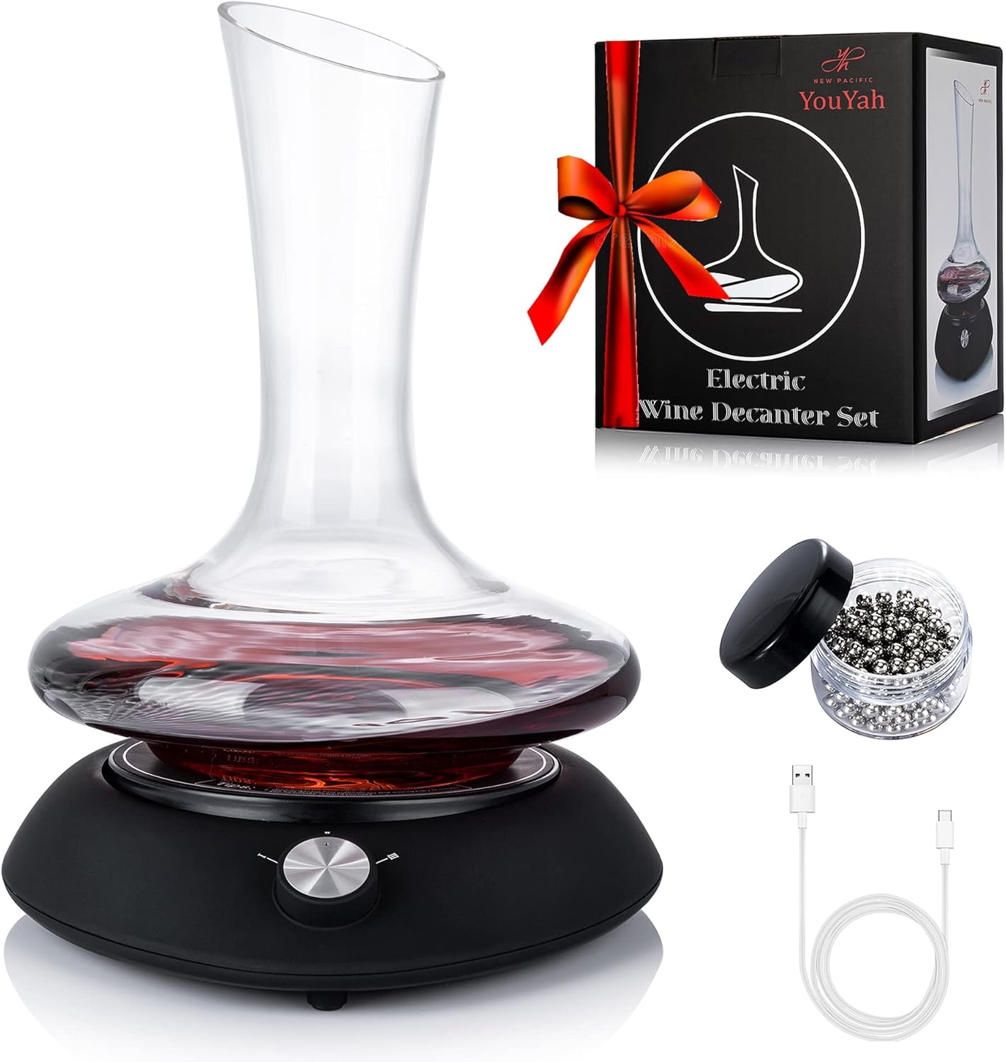 Wine Decanter Set, Red Wine Carafe With Electric Shaker, Automatic Rotation Wine Aerator Decanter. Lead-free Crystal Glass Cleaning Beads.