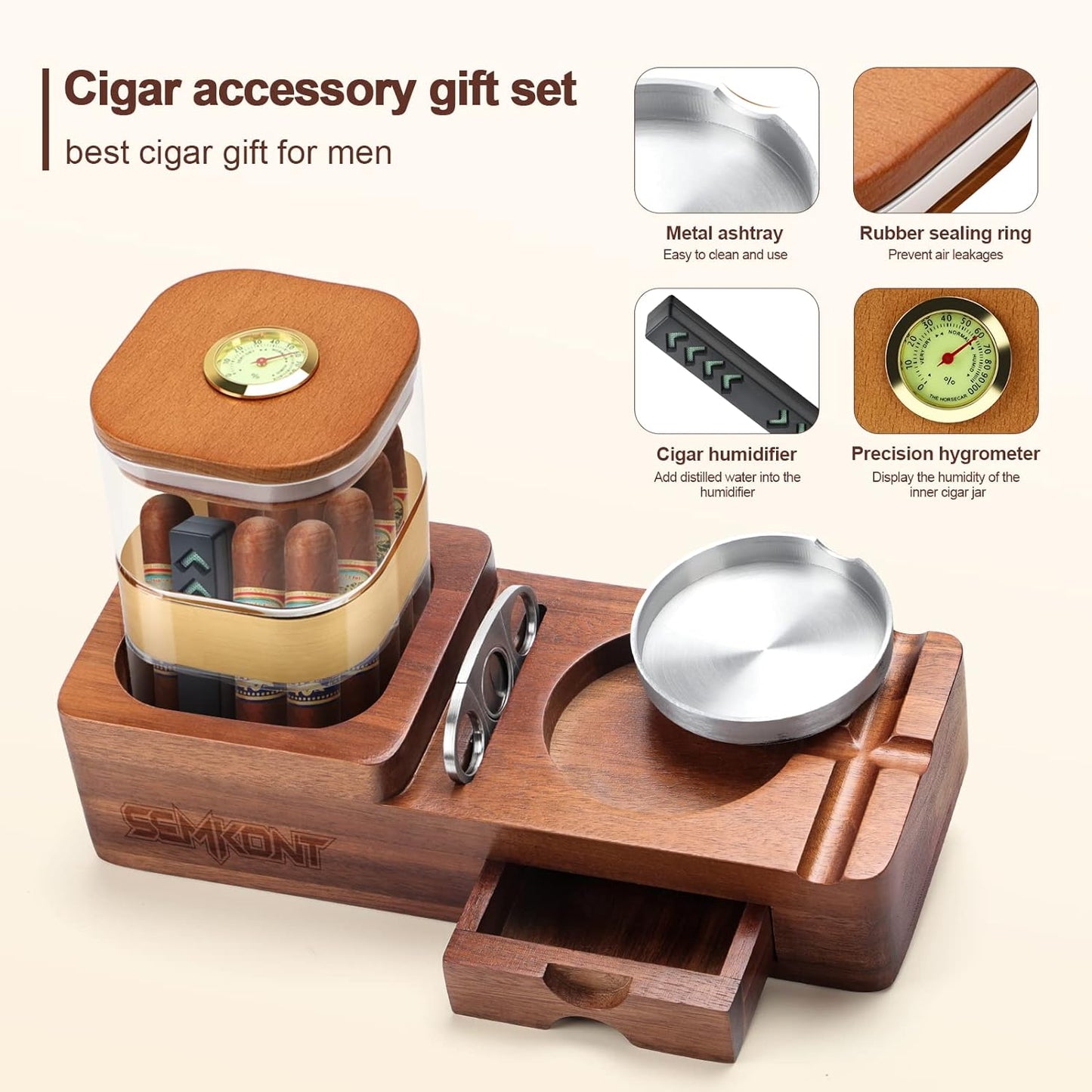 Cigar Humidor and Wooden Ashtray with Cigar Jar Tray, Cutter Holder,Drawer, Cigar Slot and Cutter, Home,Office,Bar and Outdoor Cigar Accessories