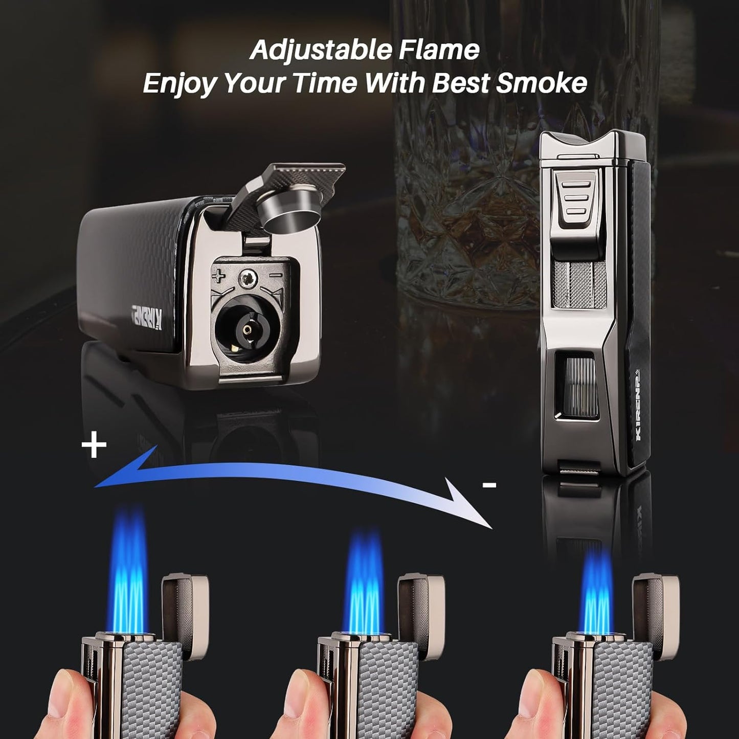 All-in-one Cigar Lighter with V Cigar Cutter, Built-in Cigar Punch, Cigar Holder,4 in 1 Refillable Torch Lighter Set with Gift Box