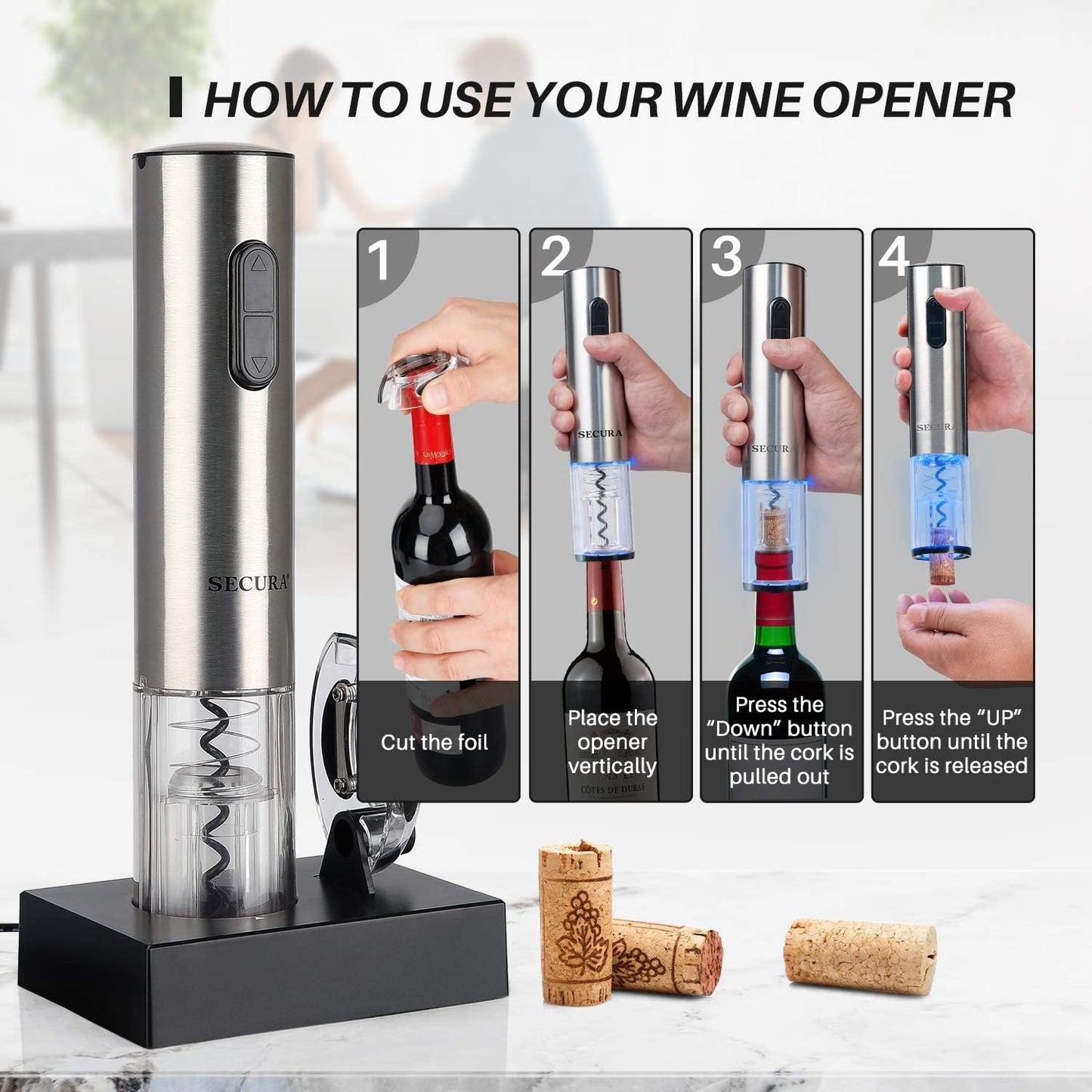 Automatic Electric Wine Bottle Corkscrew Opener with Foil Cutter, Rechargeable (Stainless Steel)