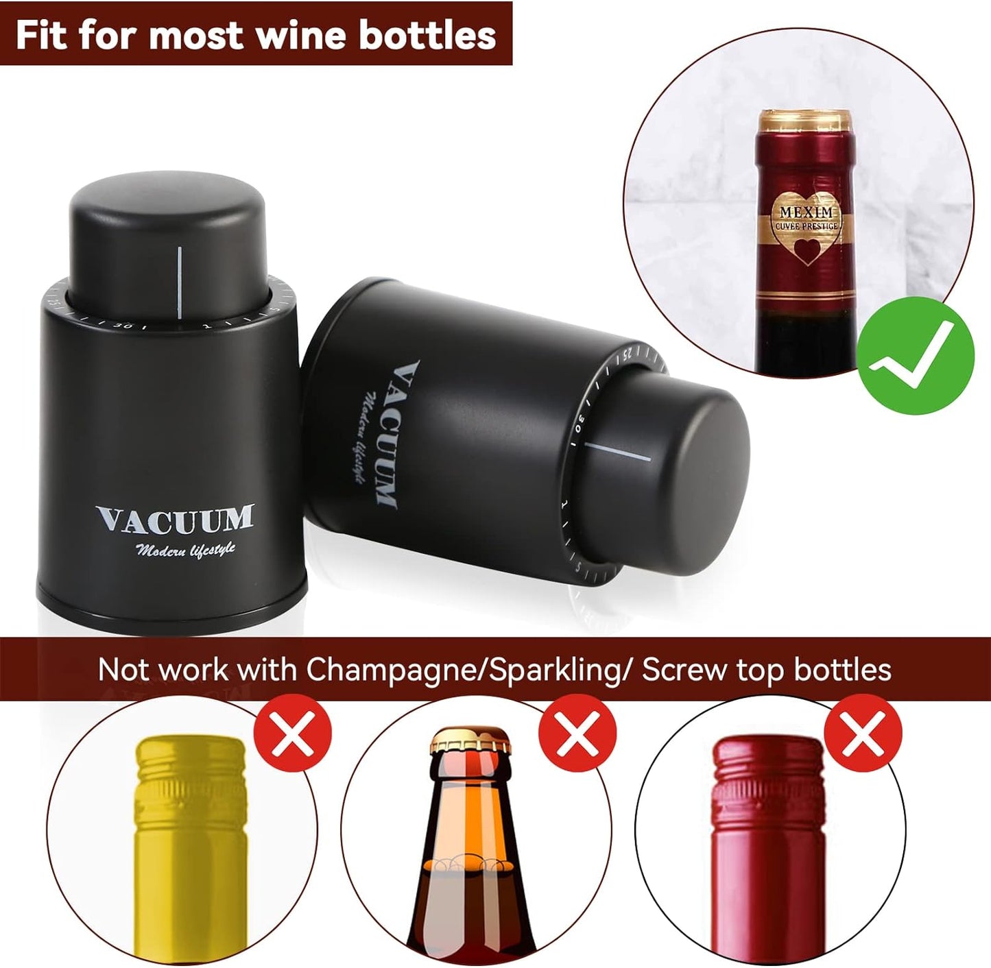 [2 PACK]Wine Bottle Stoppers,Real Vacuum Wine Stoppers,Reusable Wine Preserver,