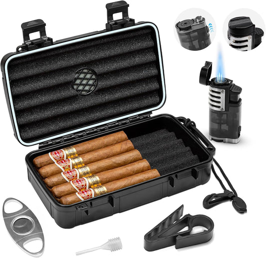 Flauno Portable Cigar Box kit with Humidifier Disc, Cigar Cutter, Cigar Punch, Cigar Holder & Dropper, Waterproof, Crushproof, Airtight (Holds up to 10 Cigars)