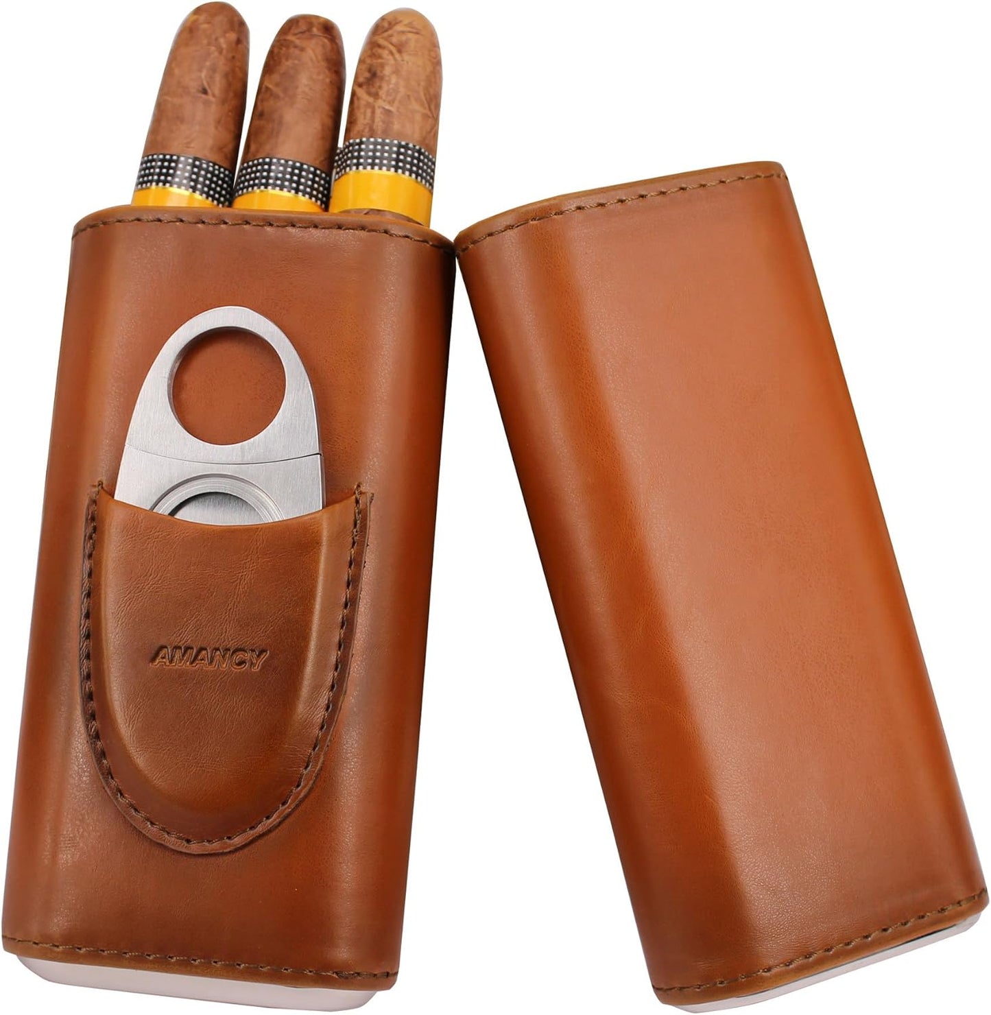 Premium 3- Finger Brown Leather Cigar Case, Cedar Wood Lined Cigar Humidor with Silver Stainless Steel Cutter