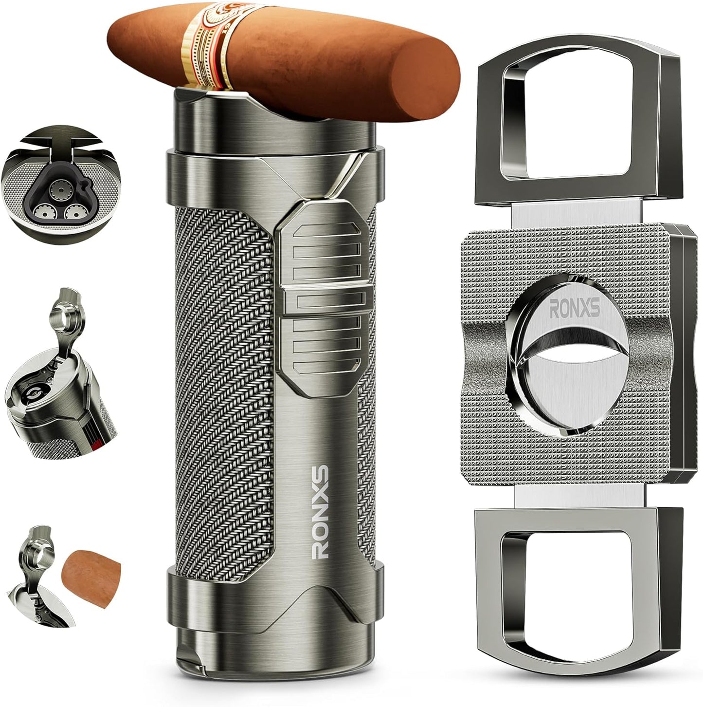 RONXS Cigar Torch Lighter Set, Cigar Cutter, Windproof Lighters Butane Refillable, Triple Jet Flame Cool Lighter,