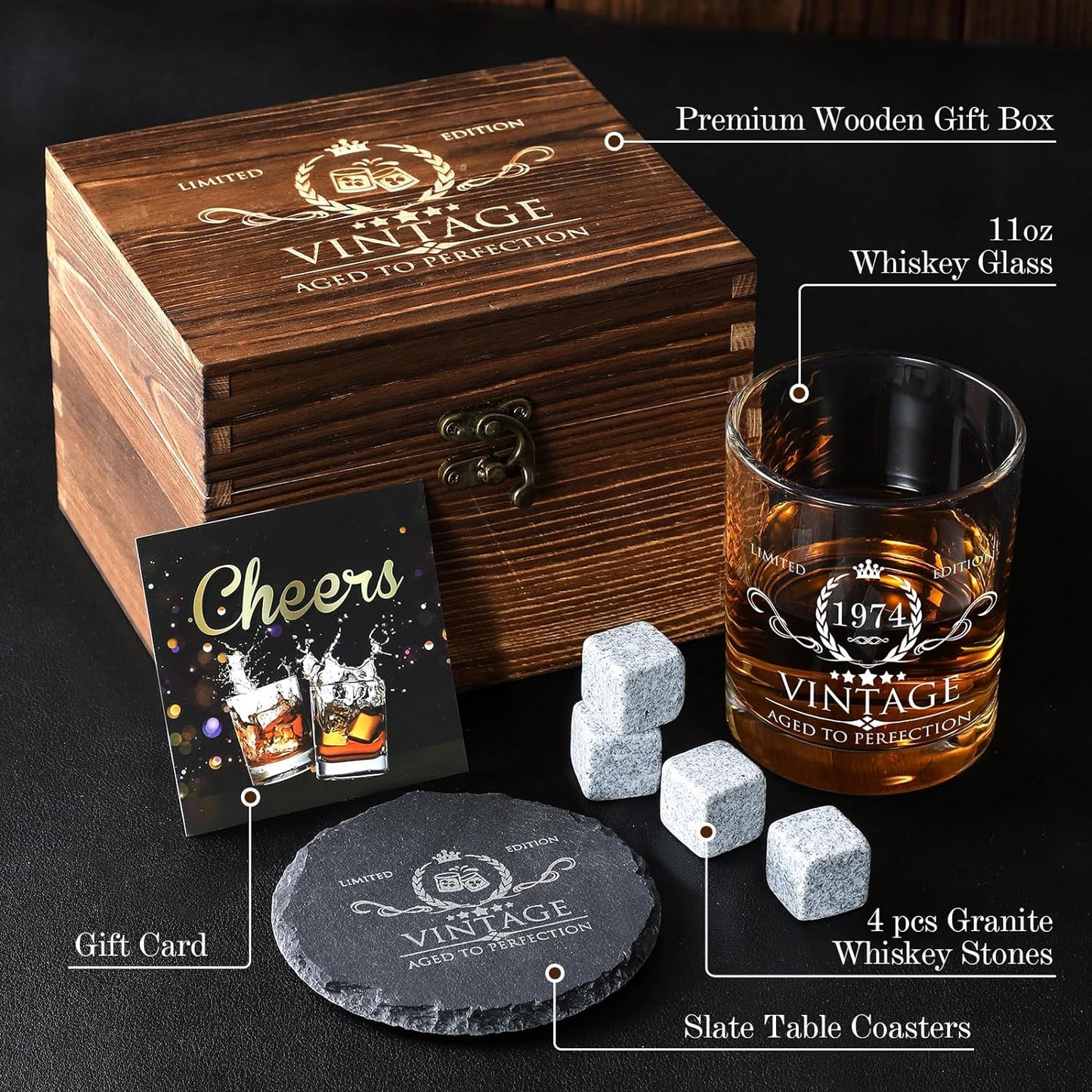 Bday Gifts Ideas for Him, Dad, Husband, Friend - Wood Box & Whiskey Stones & Coaster