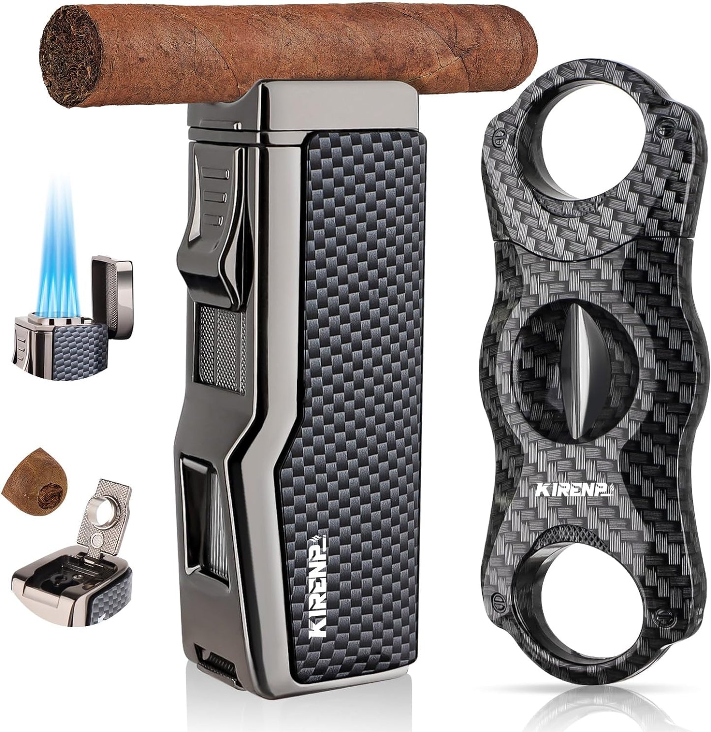 All-in-one Cigar Lighter with V Cigar Cutter, Built-in Cigar Punch, Cigar Holder,4 in 1 Refillable Torch Lighter Set with Gift Box