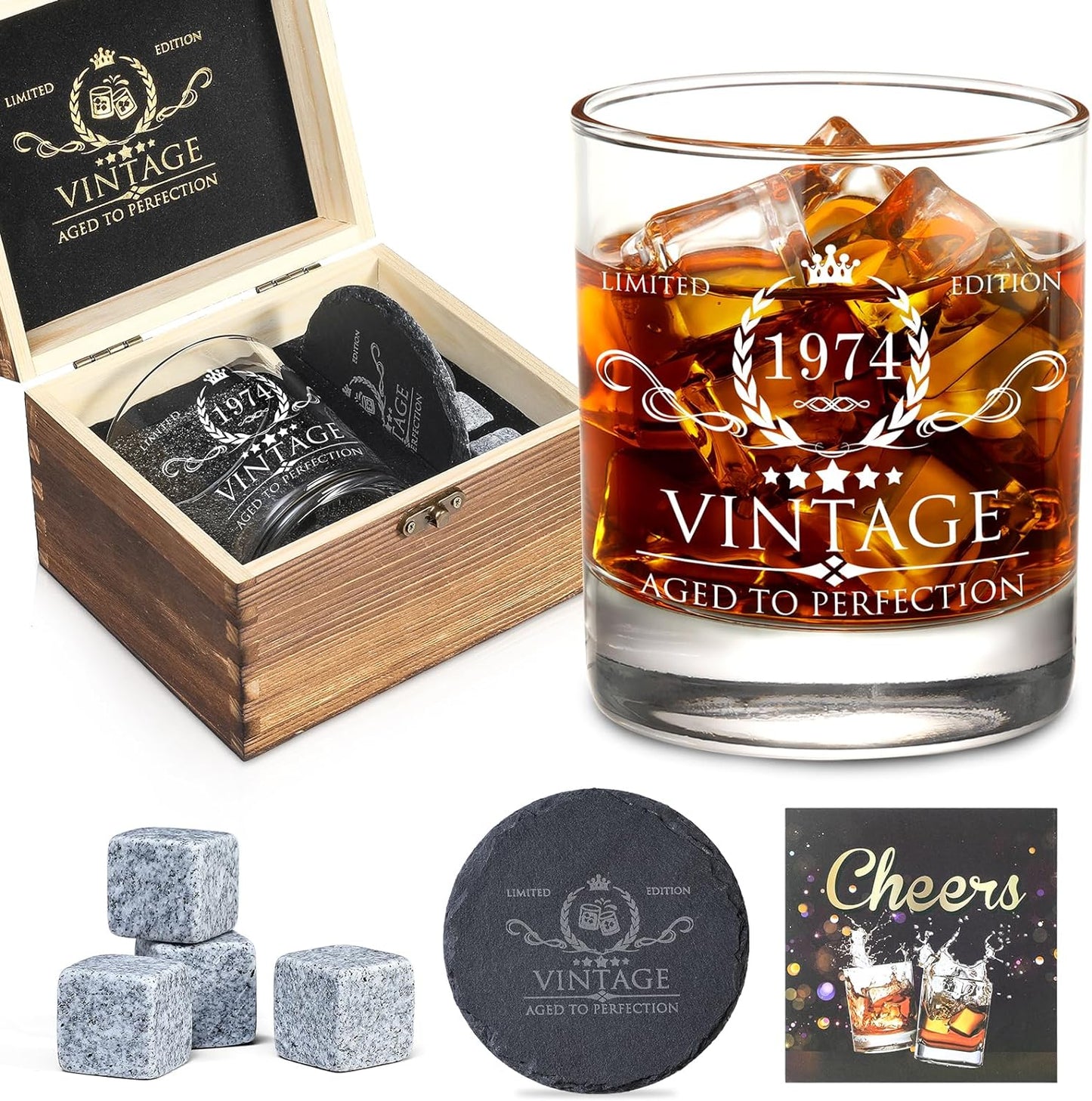 Bday Gifts Ideas for Him, Dad, Husband, Friend - Wood Box & Whiskey Stones & Coaster